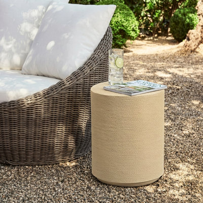 Sienna Boho Coastal MGO Cylindrical Side Table with Simulated Rattan Weave Texture