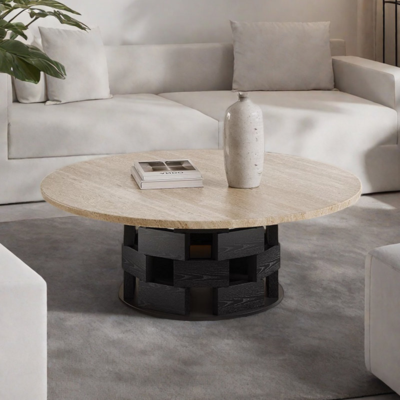 Table basse en travertin de style Wabi-sabi, H 13,77 po x L 27,55 po x l 27,55 po, Noir