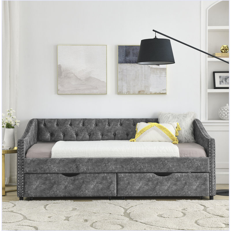 Twin Size Daybed With Drawers Upholstered Tufted Sofa Bed, With Button On Back And Copper Nail On Waved Shape Arms