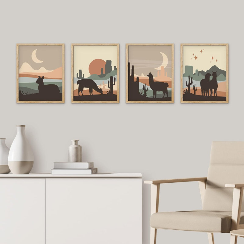 «Desert Landscape Cactus Animals», impression sur papier 4 pièces, H 14 po x l 11 po x P 1 po, Brun