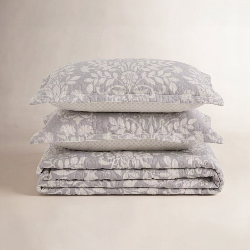 Laura Ashley Rowland Cotton Reversible Quilt Set, King Coverlet + 2 King Shams, White/Gray