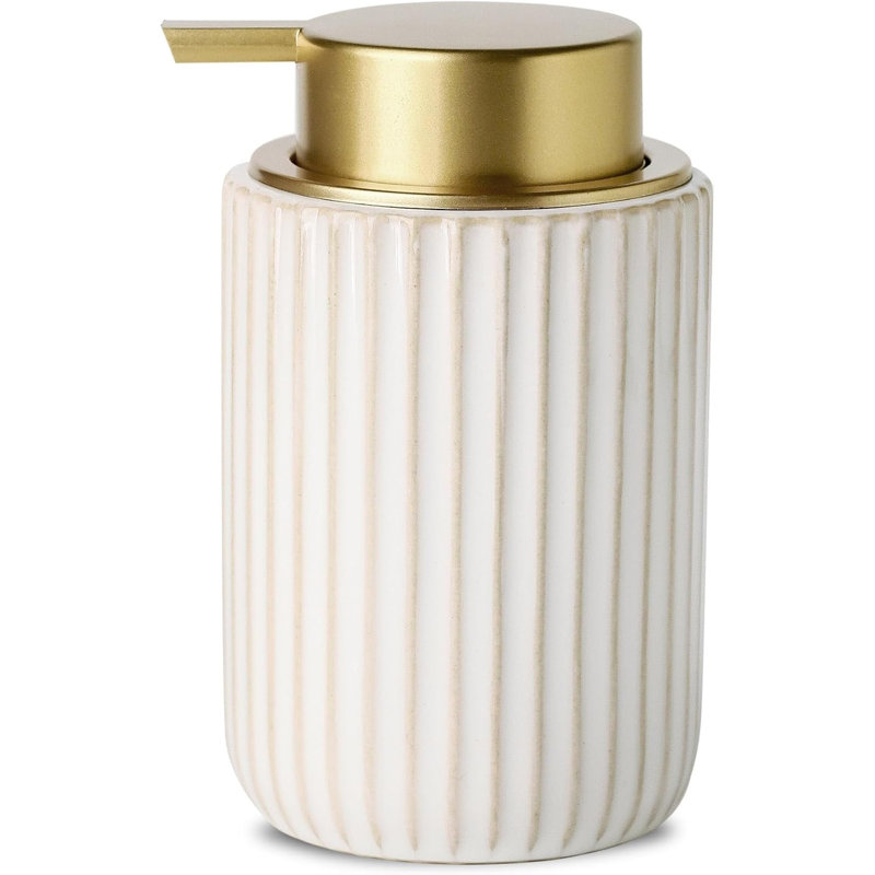 Distributeur de savon en céramique blanc à rayures verticales avec pompe dorée pour comptoir de cuisine