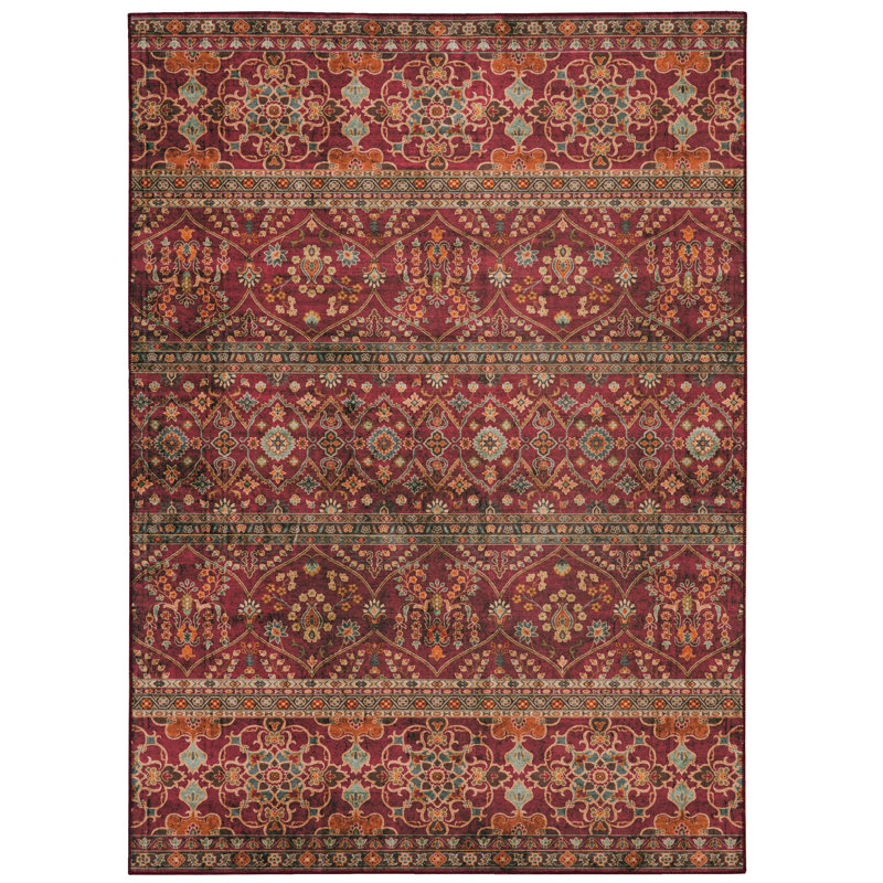 Ducote Washable Garnet and Ivory Machine Woven Area Rug, Rectangle 5' x 7'