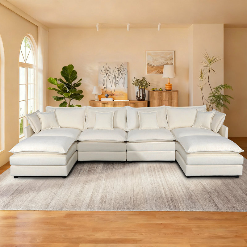 140.5" U-Shaped Modular Sectional Sofa, 4-Seater Cloud Couch with Chenille Upholstery, Lumbar Pillows & Movable Ottoman for Living Room