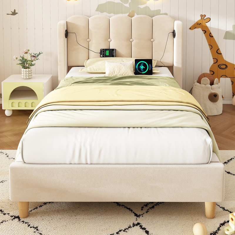 Upholstered Single (3') Velvet Bed, Beige