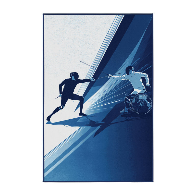Machine Washable Auburndale Paralympic Fencing Sleek & Chic Modern Rug in Blue – Navy Binding, 5x8