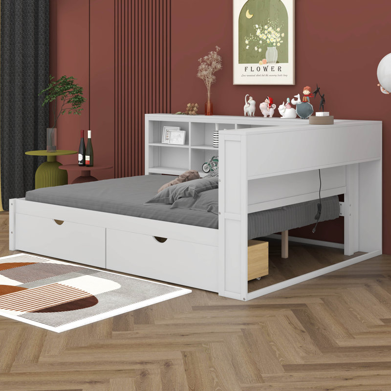 Lit de jour en bois Dalleon avec 2 tiroirs, tablette de rangement et ports de chargement USB, Simple, Blanc