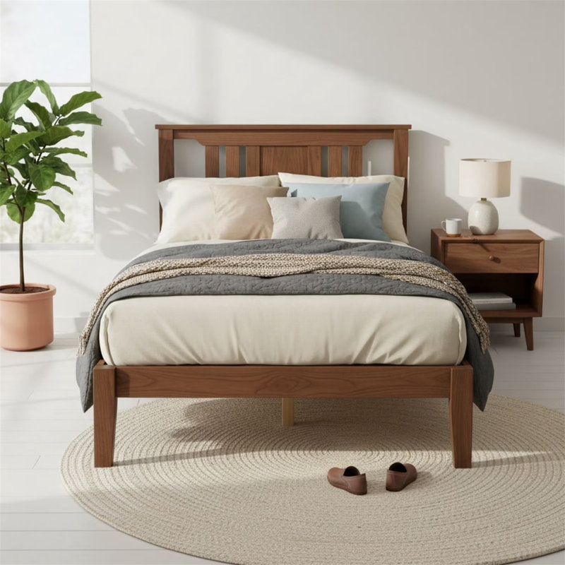 Mid Century Solid Wood Platform Bed with Headboard, Wood Slat Support, No Box Spring Needed, Twin