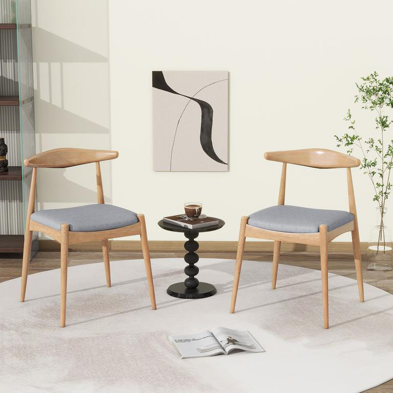 Ensemble de 2 chaises de salle à manger en bois d'hévéa avec dossier ergonomique et coussins de confort, naturel et gris