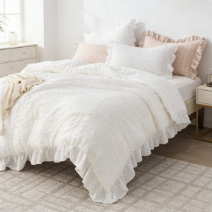 White Comforter Set 2 Pieces, Seersucker Ruffle Lightweight Bedding, Soft Microfiber All-Season Fluffy Bed Set