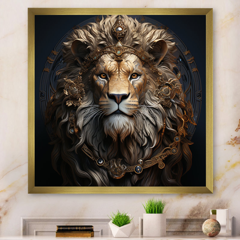 Lion couronné en majestueux I - décoration murale animal lion, H 16 po x l 16 po x P 1 po, Cadre doré simple