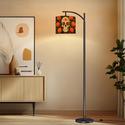 Lampe sur pied arquée avec abat-jour réglable, motif tête de mort mexicaine, 3 températures de couleur, intensité variable, lampe sur pied avec interrupteur au pied pour chambre à coucher