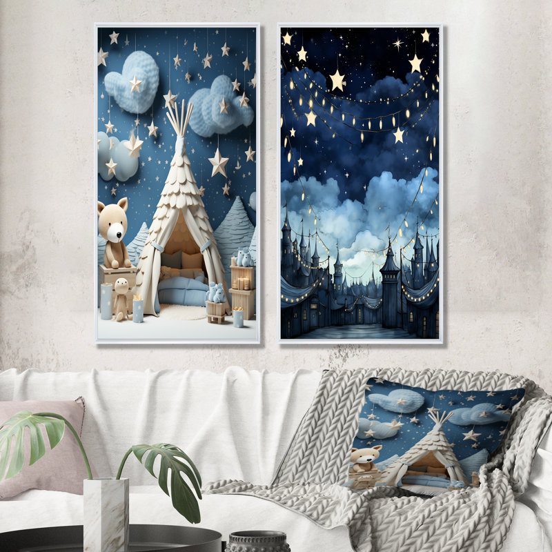 «Child Nursery Starry Night I», ensemble de 2 reproductions d'art sur toile, Cadre flottant blanc, H 28 po x l 25 po