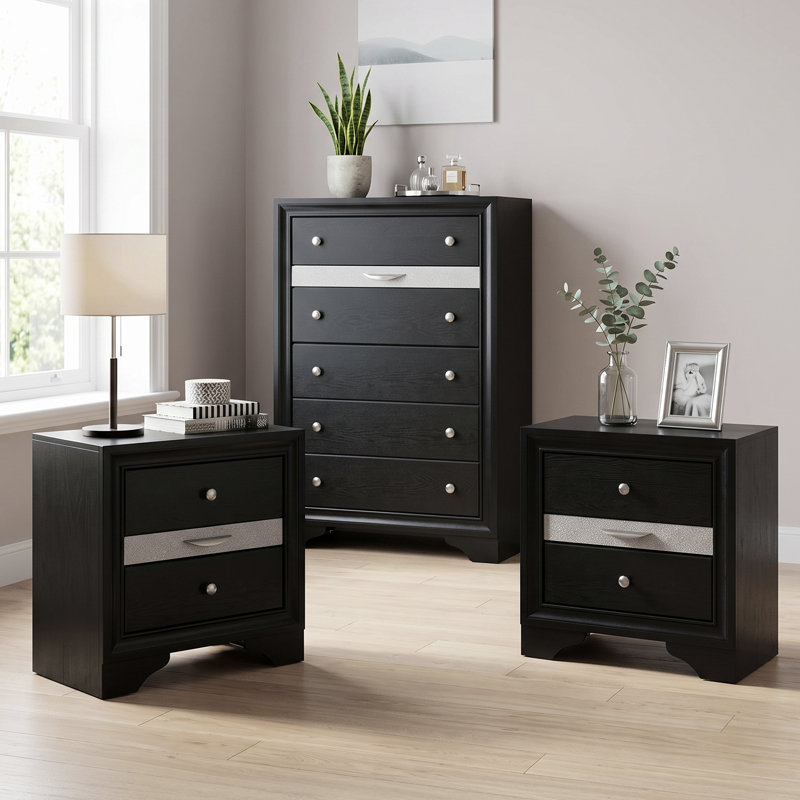Clermont 3 Piece Solid Wood Bedroom Set, Gray, 3 Pcs: Chest, 2 Nightstands