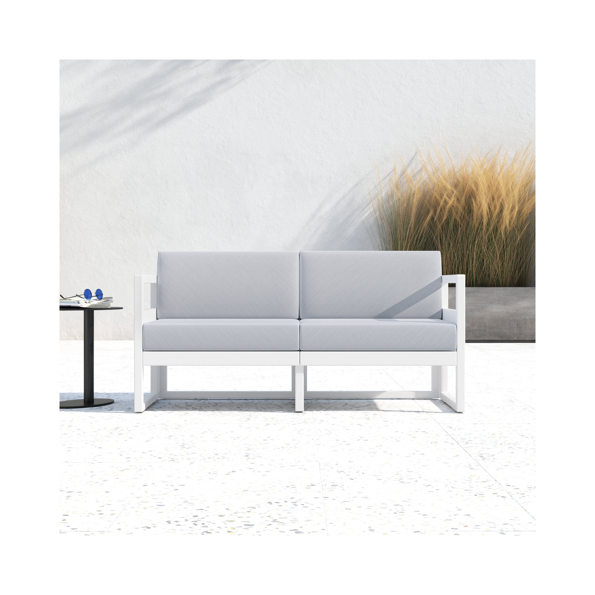 Lane 58'' Wide Straight Loveseat with Cushions, White, Canvas Granite Sunbrella® Canvas