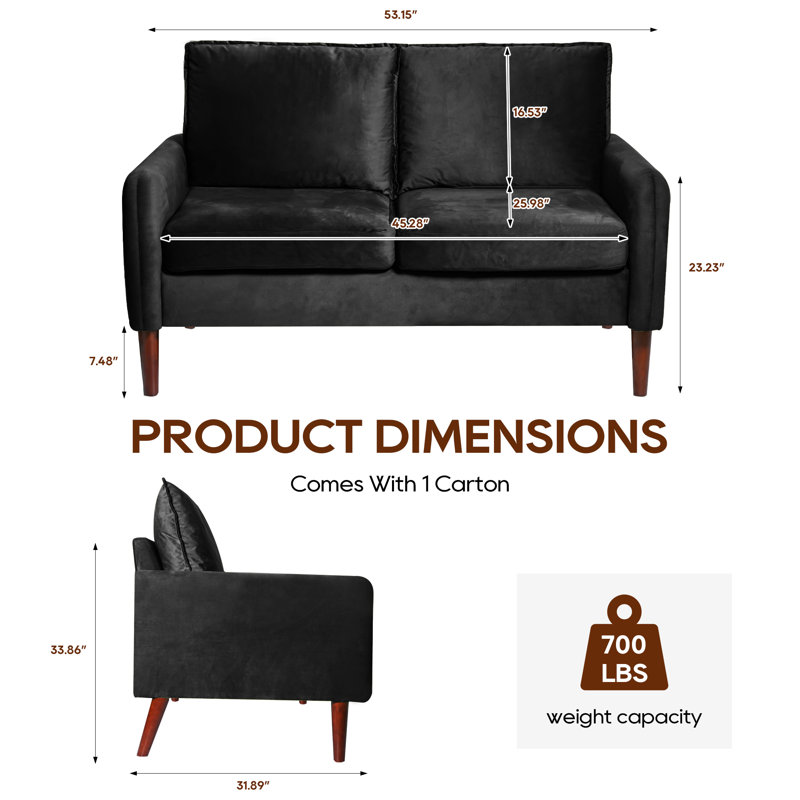 54" Loveseat Sofa, Velvet Love Seat Couches for Living Room, Loveseat for Small Spaces, Black
