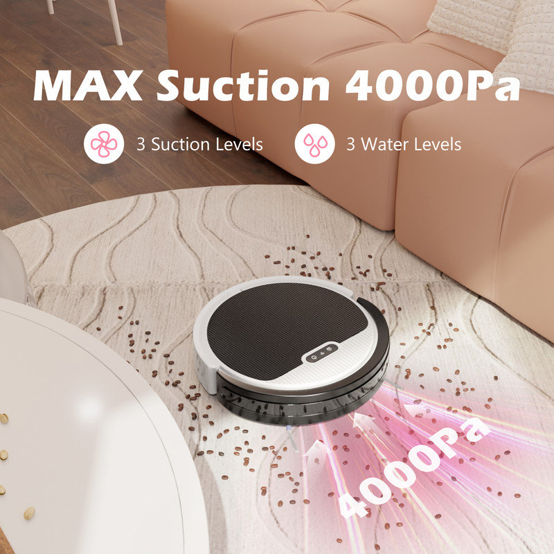 4000pa Max Power Suction Robot Vacuum and Mop Combo - Wi-Fi App and Voice Control, 2-in-1 Cleaning, Scheduled Tasks, Automatic Recharge, Pet Hair and Low Carpet Friendly, Advanced Navigation, Quiet Operation pureatic 