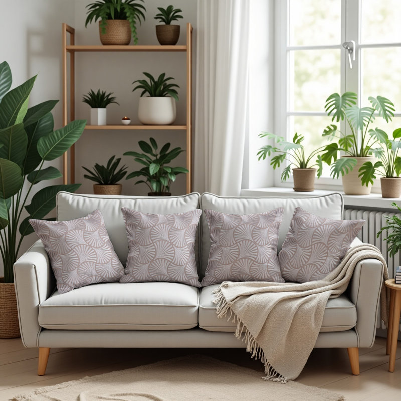 Ensemble de 4 housses de coussin en lin brodé beige et brun géométrique - Décoration de Noël élégante