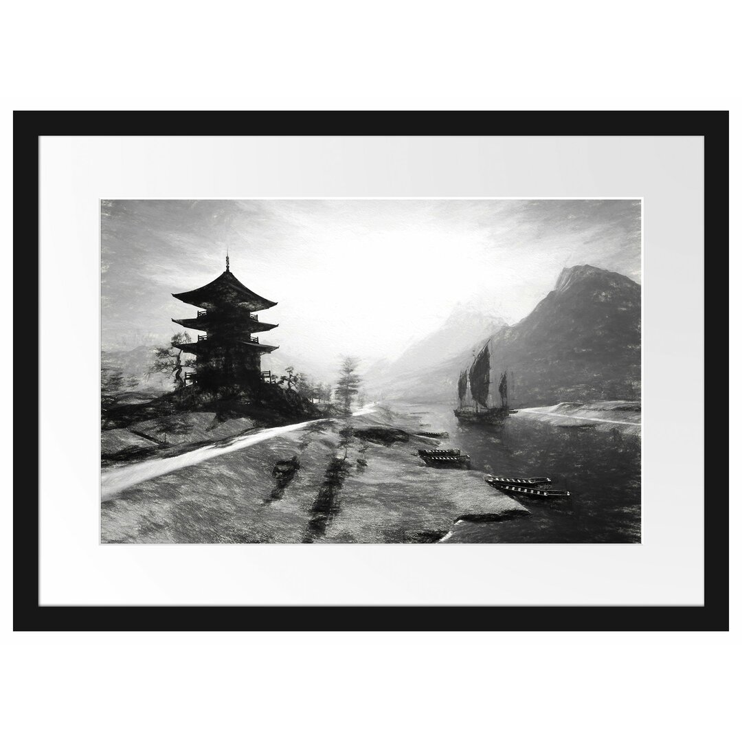 Gerahmtes Papierbild Asiatischer Tempel an Fluss