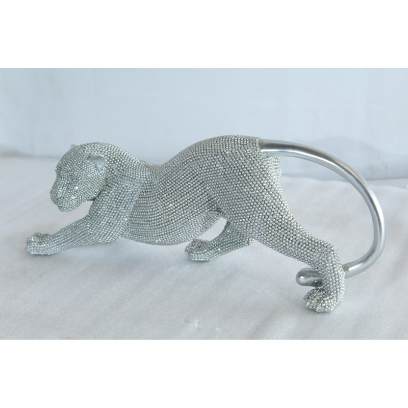 Statue en résine de panthère argentée extensible avec texture perlée Nifao - décor animal moderne - 15 po x 4 po x H 6 po