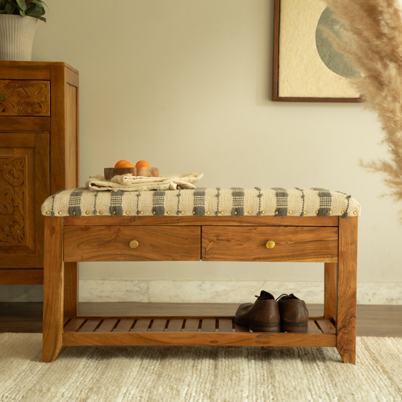 Banc de rangement rembourré en coton Avana, Gris / Ivoire