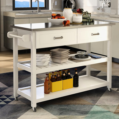 Chariot de cuisine en acier inoxydable avec plateau en blanc - 2 tiroirs pour un chariot d'organisation culinaire pratique, deux rangements pour appareils électroménagers