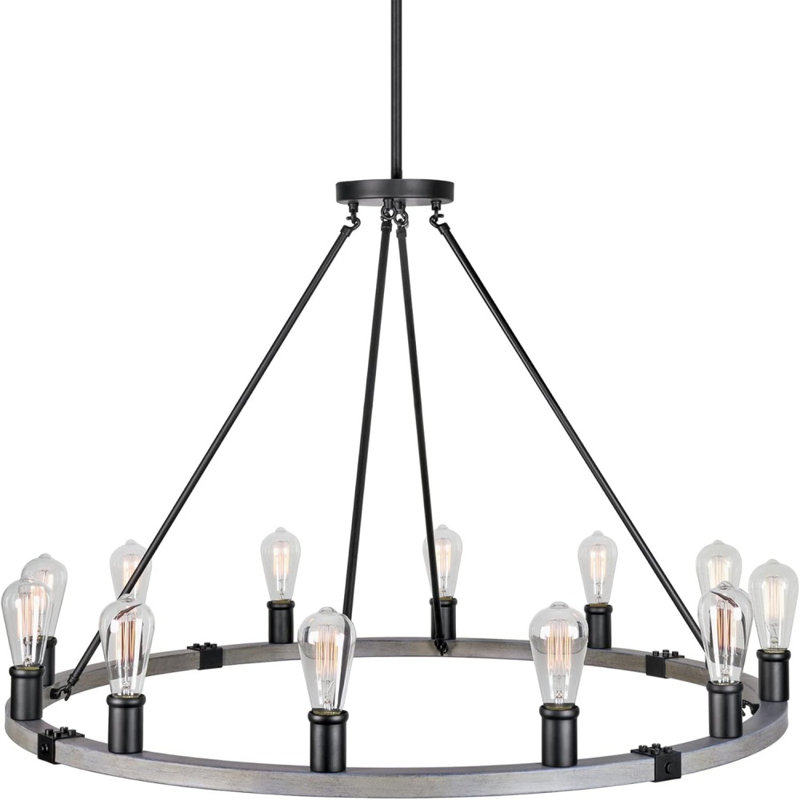 50" 16-Light Large Industrial Rustic Farmhouse Wagon Wheel Chandelier, Round Kitchen Island Light, Black Finish, 16