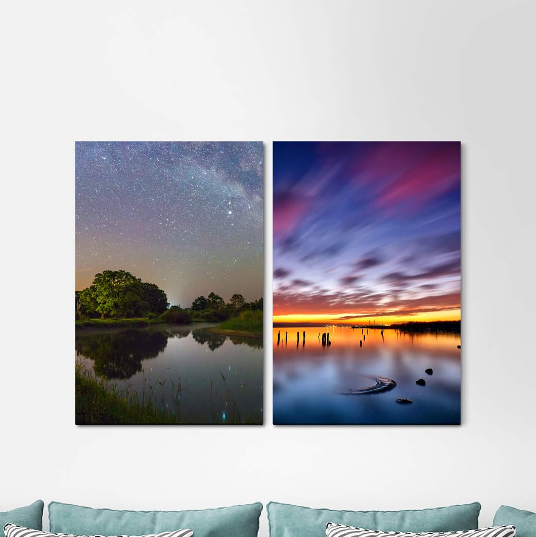 2-tlg. Leinwandbilder-Set Night Sky Starry Sky Summer Night Sea Horizon Sunset Sea