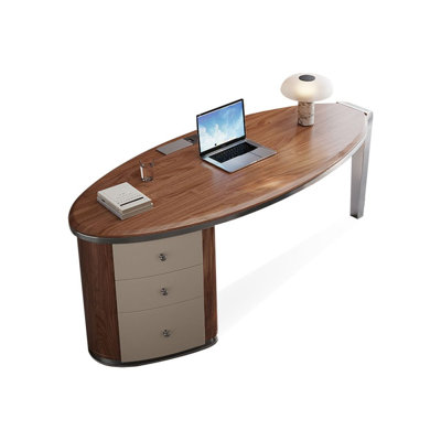 Bureau à 3 tiroirs brun noisette + bois massif ovale beige + métal