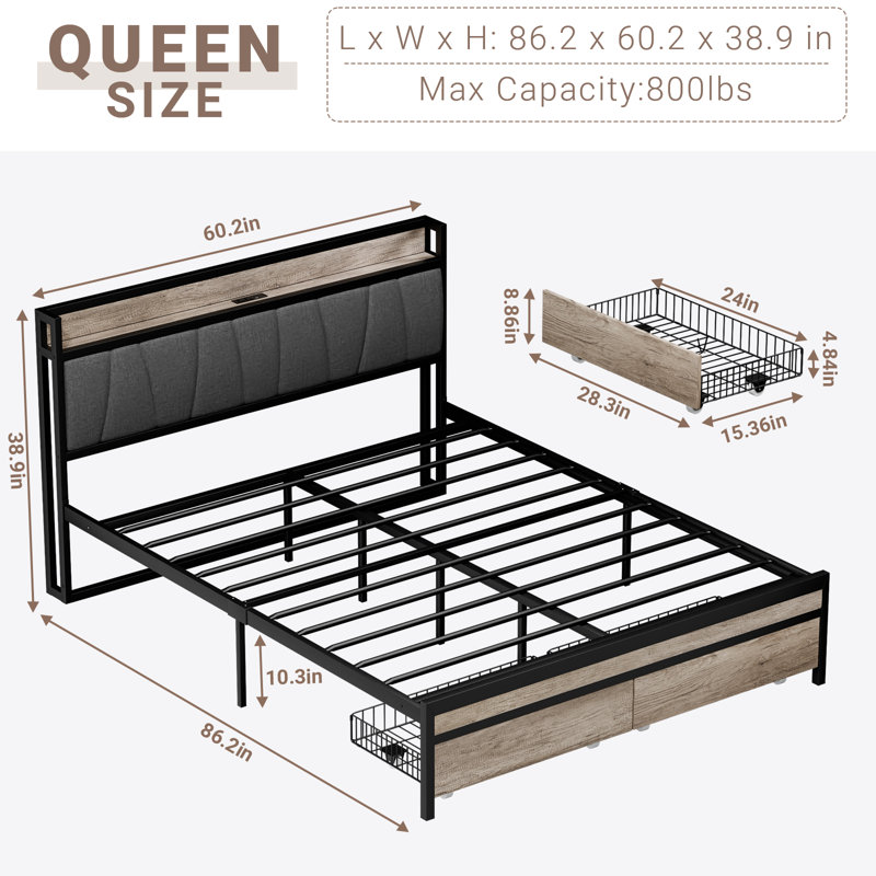 Queen Size Modern Metal Platform Bed Frame With Upholstered Storage Function Headboard And USB LINER And Footboard With Drawers