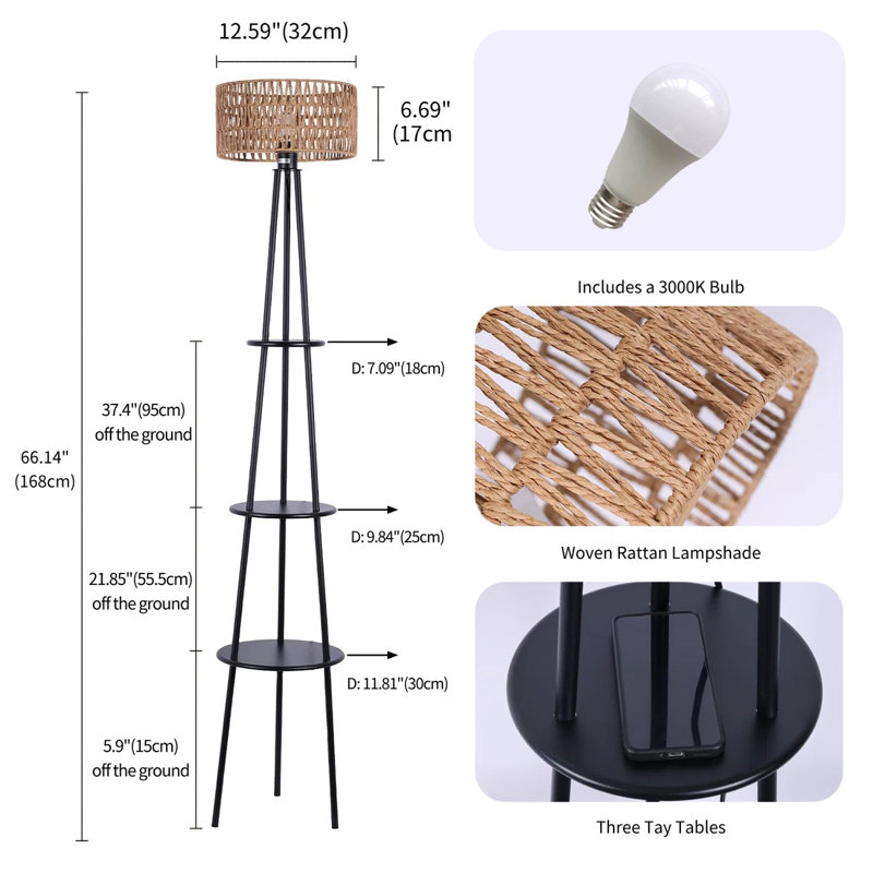 Kahani 66.14'' Farmhouse Boho Rattan Tray Table Floor Lamp with 1 Bulb Included