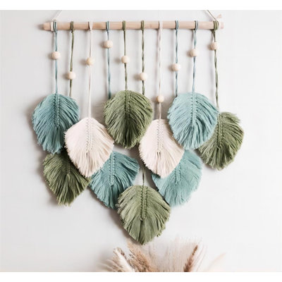 Macrame Wall Hanging Leaves - Large Chic Feather Boho Decor, Handmade Yarn Woven Art Leaf Tapestry For Nursery, Bedroom, Living Room, 17 X 22 Inch (Green, Sage Green & Beige)