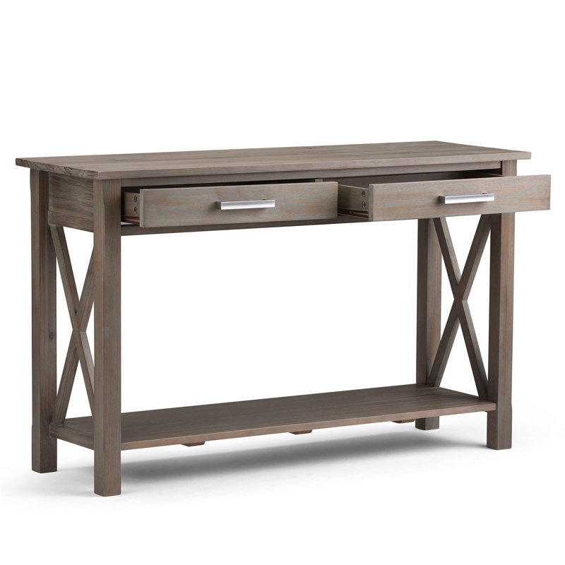 Kitchener 47"W Solid Wood Contemporary Sofa Table with 2 Drawers, Bottom Shelf and X-Design Sides, Distressed Gray