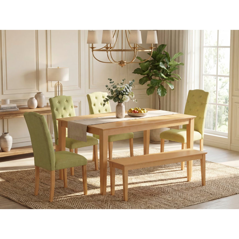 L'ensemble de meubles de salle à manger 6 pièces contient une table de salle à manger rectangulaire et 4 chaises rembourrées en tissu de lin Limelight avec un banc, chêne
