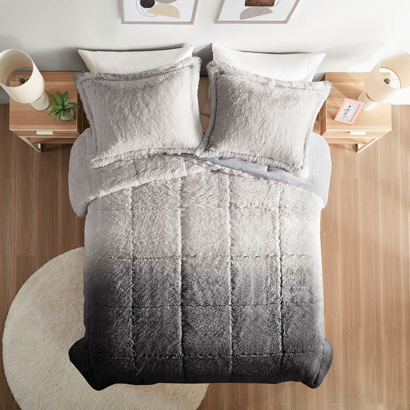 Grey Ombre Shaggy Comforter For Full/Queen, Soft Texture
