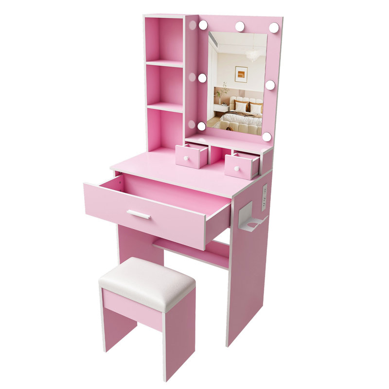 Table de coiffeuse avec miroir et lumières DEL réglables, prise de courant, support pour séchoir à cheveux et tabouret - coiffeuse compacte pour petites chambres (rose)
