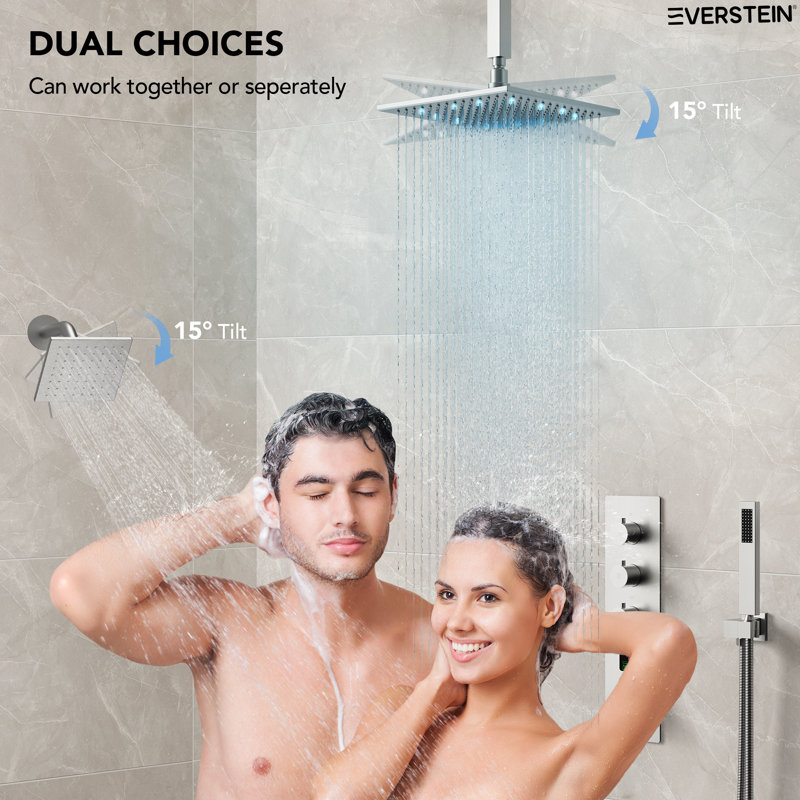 Thermostatic Digital Dual Shower System Set, 12" LED Rainfall Shower Head with 4-Function Hand Shower, Brushed Nickel