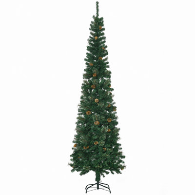 Pencil Artificial Christmas Tree, Slim Pine Needles Xmas Tree With Realistic Branches, Pine Cones, Metal Base