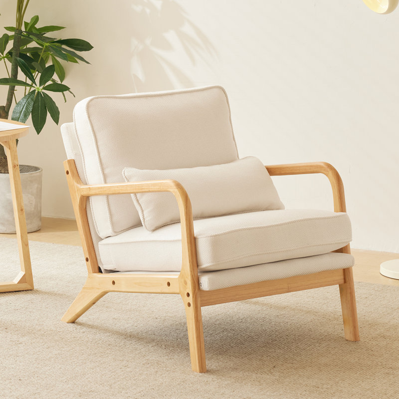 Lemley Mid Century Solid Wood Accent Chair Upholstered Armchair with an Extra Pillow, White Polyester