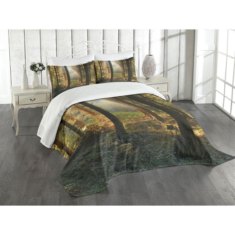 Ambesonne Autumn Bedspread Sunset Dark Pine, King Bedspread + 2 Standard Shams