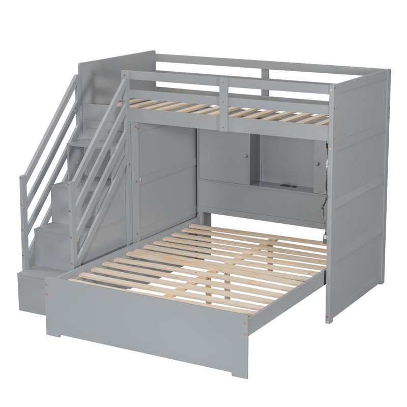 Lit simple superposé au dessus d'un lit double avec escalier de rangement, garde-robe, USB et lit léger, gris, Gris