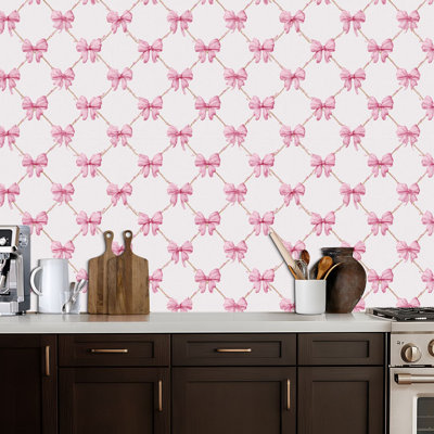 Peel and Stick Wallpaper Elegant Pink Ribbon Bow Soft White Contact Paper Removable Self Adhesive Wall Mural Wall Decor for Bedroom Kitchen Cabinets 17.7in x 118in