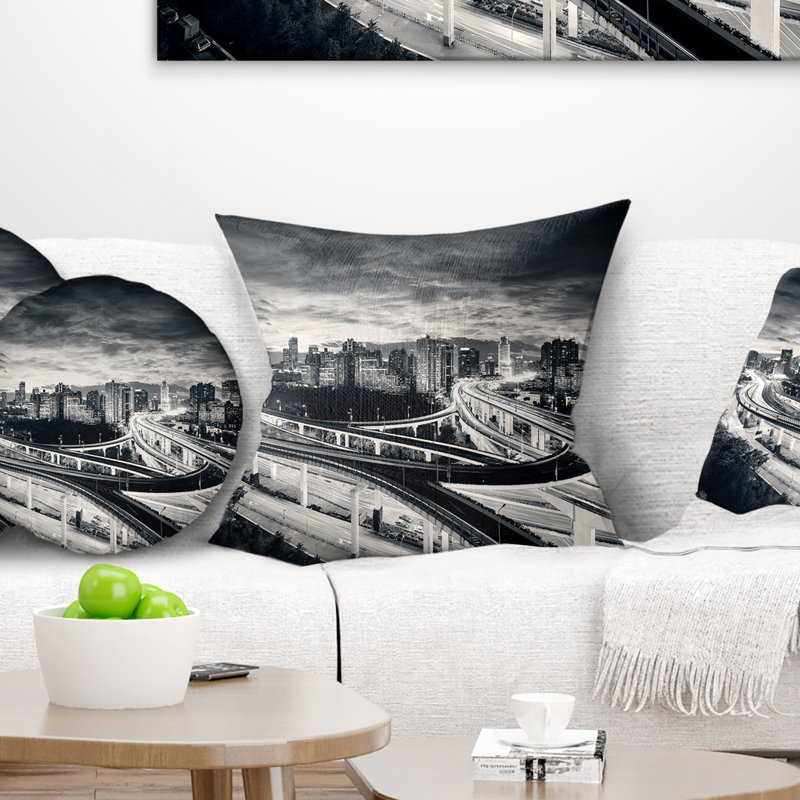 Coussin foncé imprimé ville de shanghaia, 16 po x 1 po, Coussin décoratif