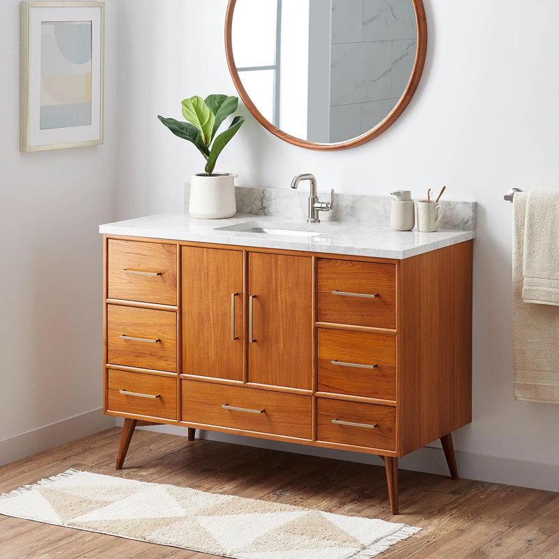 48" Novak Single Bathroom Vanity Set with Rectangular Undermount Sink, Natural Teak, Carrara Marble, Single-Hole Centered