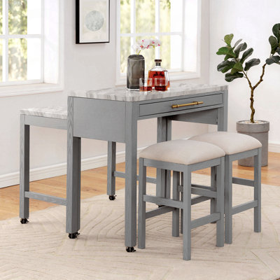Rustic Dining Set Counter Height Dining Table Storage Drawer Faux Marble Top Stools Light Grey Dining Room Furniture