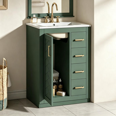 Meuble-lavabo simple en céramique 24 po avec 1 porte et 3 tiroirs