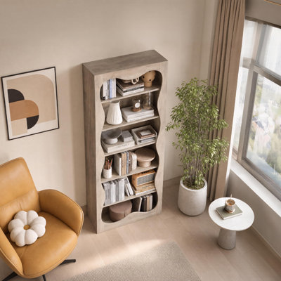 Bibliothèque moderne à 6 niveaux avec bord festonné, organisateur de présentation autoportant avec design réversible, grande tablette de rangement ouverte pour la maison et le bureau, gris