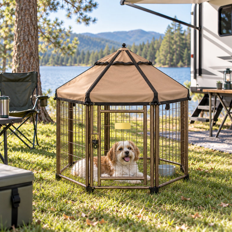 Enclos modulaire pour chien de 90 cm avec auvent – ​​Abris intérieur, extérieur et portable pour animaux de compagnie, Brun