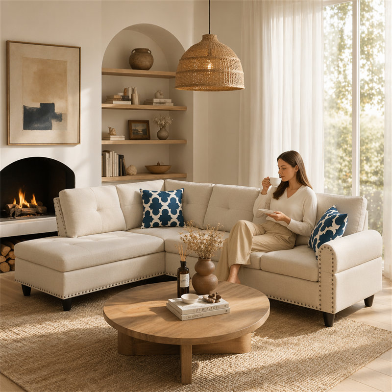 Canapé et méridienne 2 pièces de 98 po de large à gauche 2 pièces, Beige