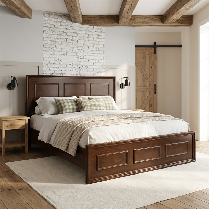 Lit plateforme classique en bois de pin massif avec tête de lit à panneau géométrique réglable et rangement sous le lit, double / grand